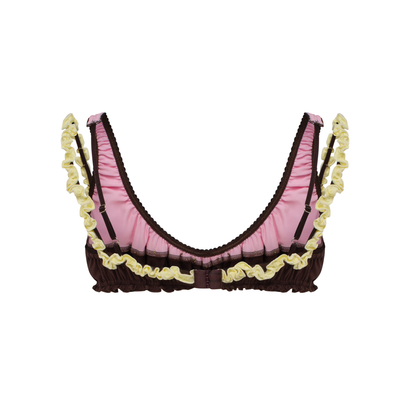 Ruffled double-strap bra in brown and pink with scalloped bottom trim