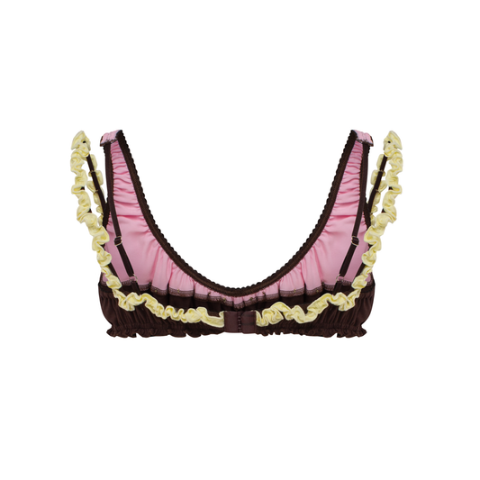 Ruffled double-strap bra in brown and pink with scalloped bottom trim