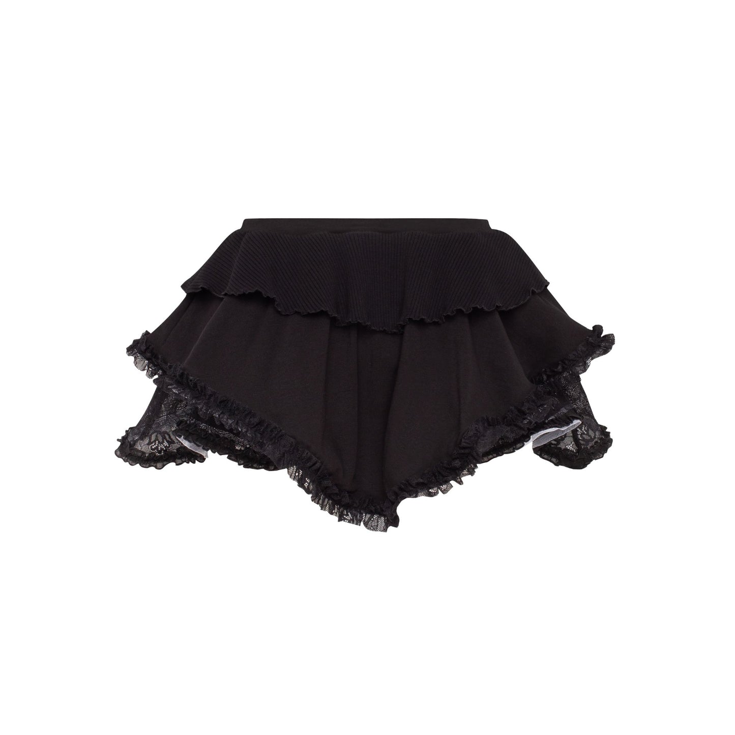 Black skort with lace overlay, tiered ruffle skirt and elastic waistband