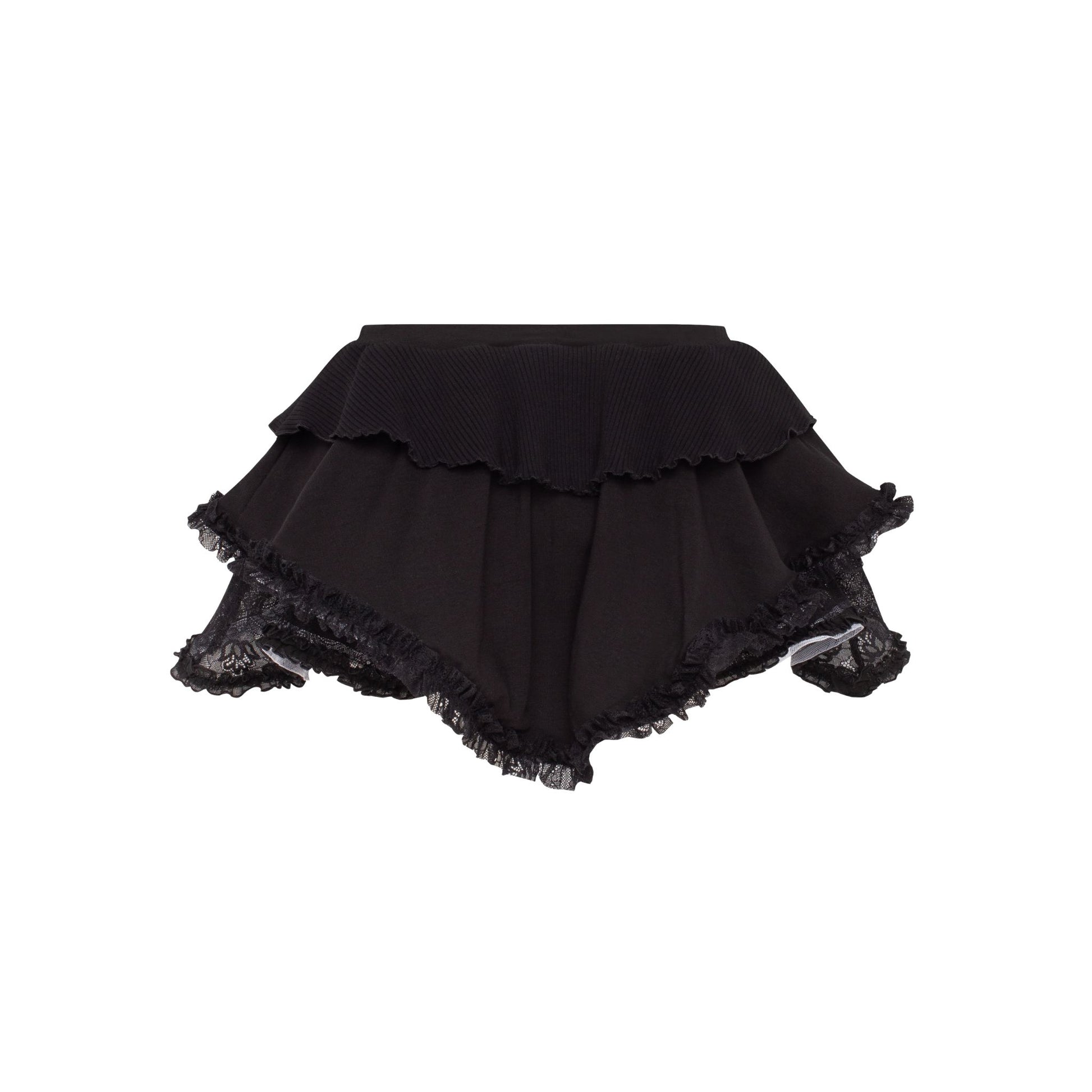 Black skort with lace overlay, tiered ruffle skirt and elastic waistband
