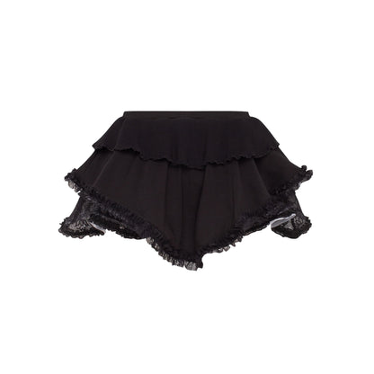 Black skort with lace overlay, tiered ruffle skirt and elastic waistband