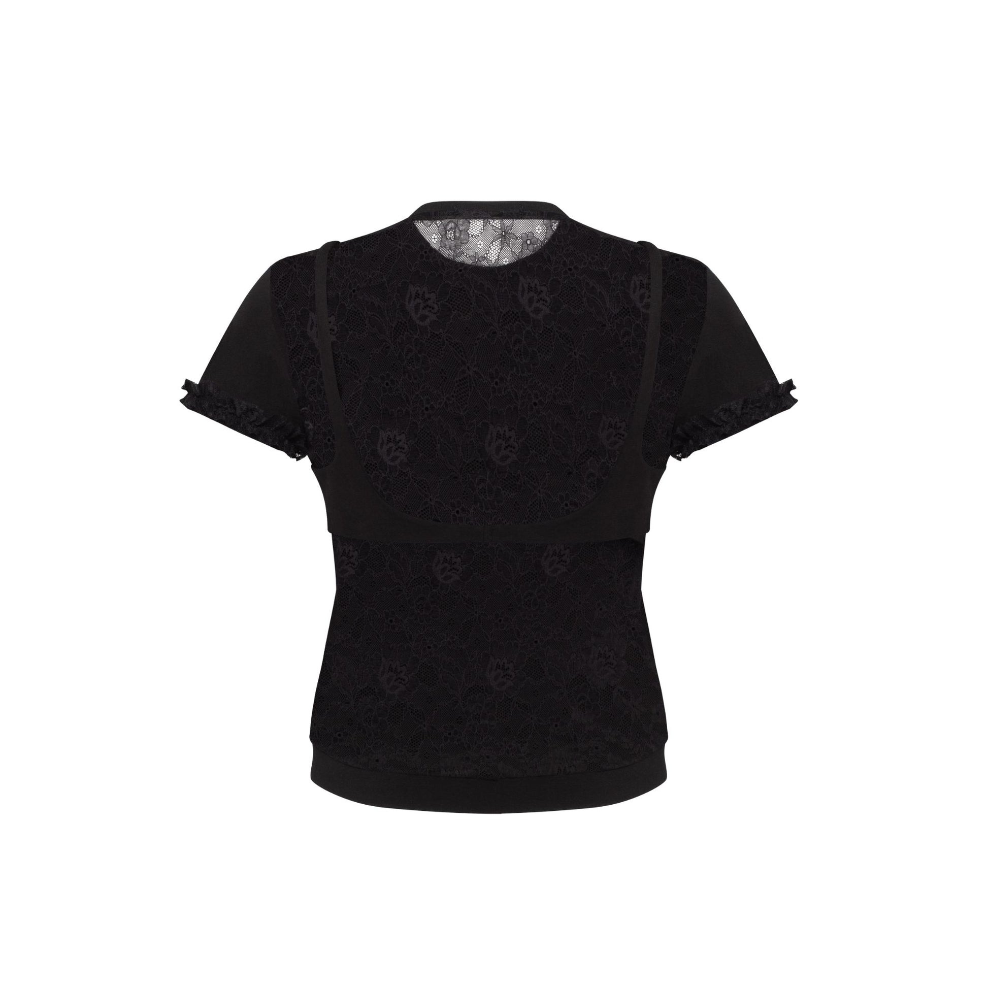 Black fitted T-shirt with all-over lace back and short ruffle sleeves
