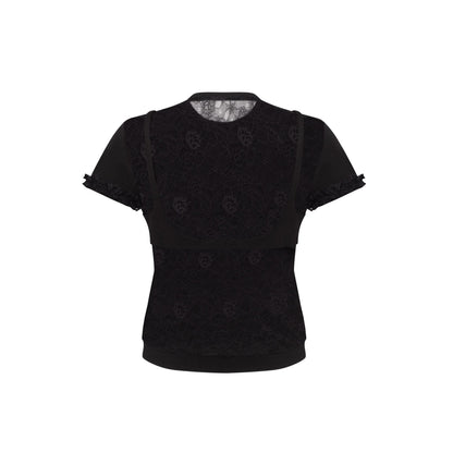 Black fitted T-shirt with all-over lace back and short ruffle sleeves