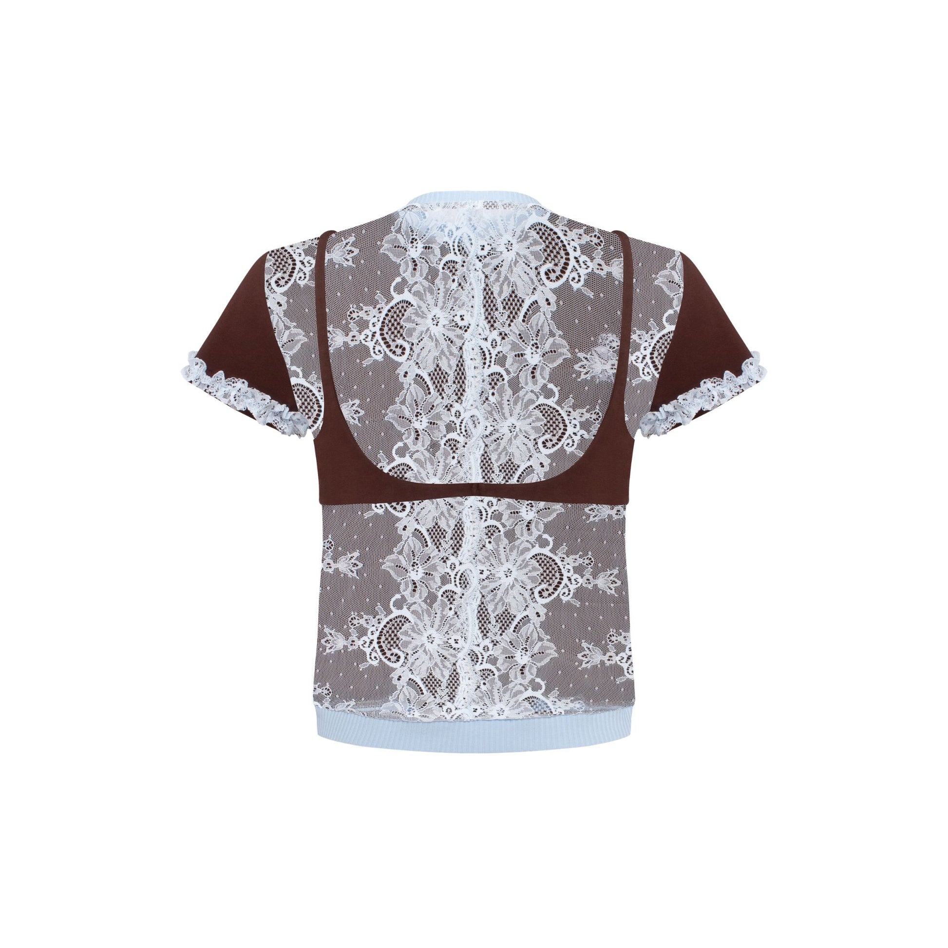Brown t-shirt back with sheer lace overlay, light blue collar and hem trim.