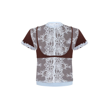 Brown t-shirt back with sheer lace overlay, light blue collar and hem trim.