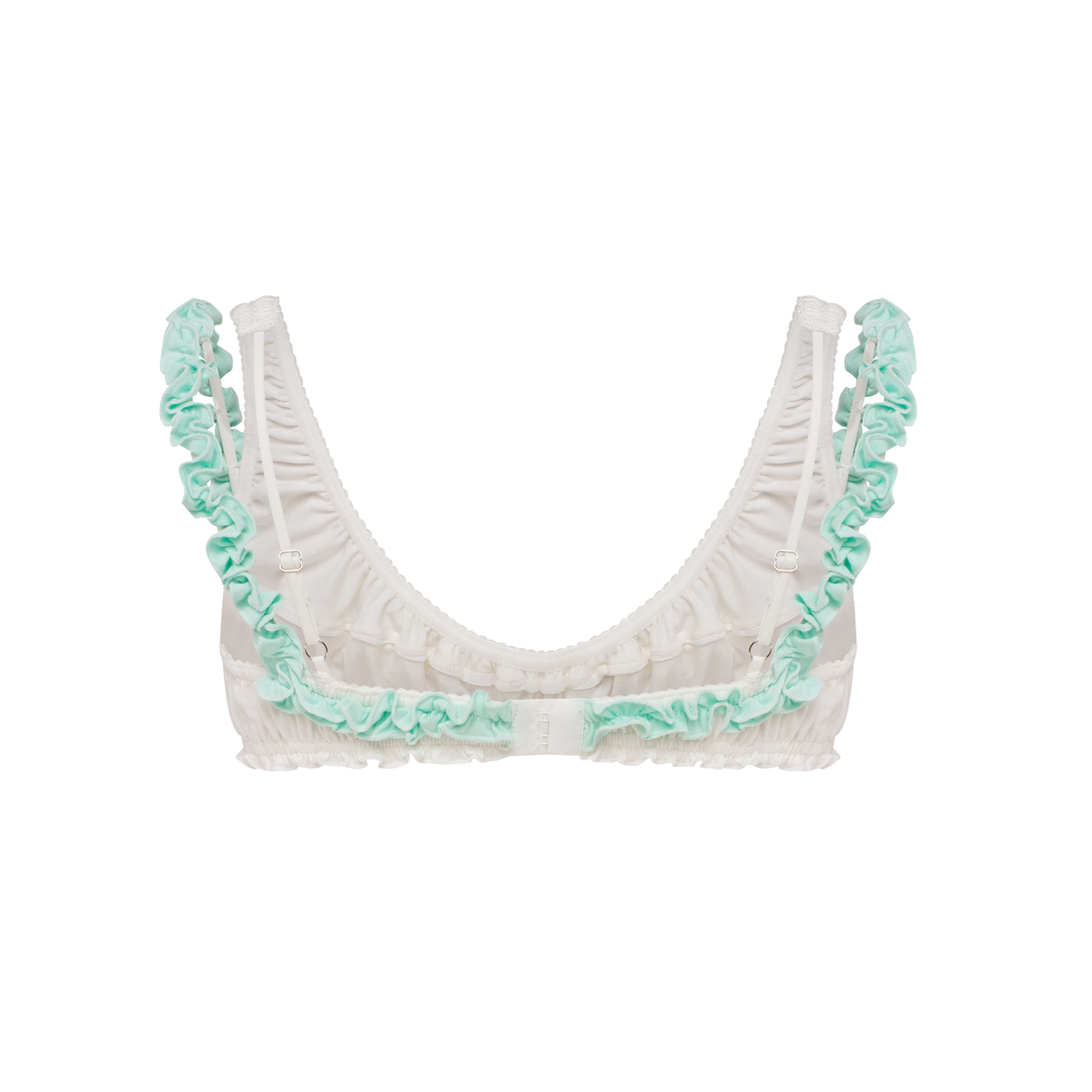 White bra with mint ruffle trim and shoulder ruffles