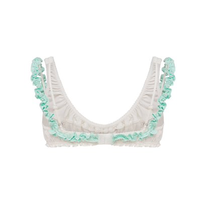 White bra with mint ruffle trim and shoulder ruffles
