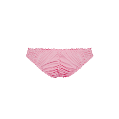 Pink ruched tanga with gathered center seam and ruffled leg openings