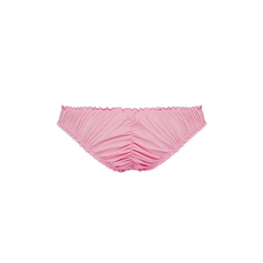 Pink ruched tanga with gathered center seam and ruffled leg openings