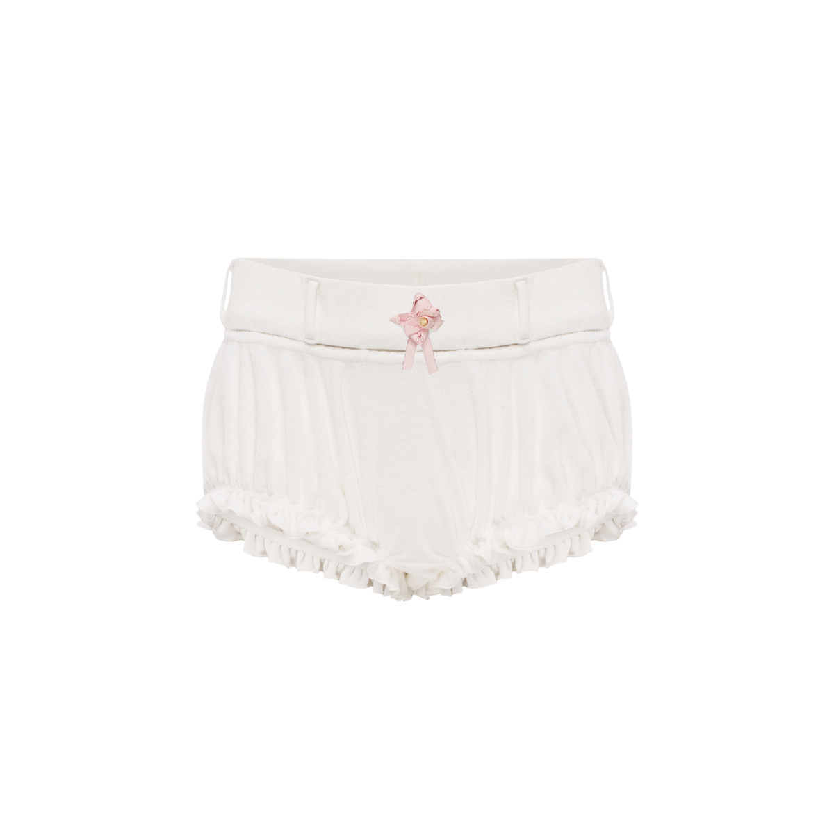 White shorts with elastic waistband and pink rosette detail