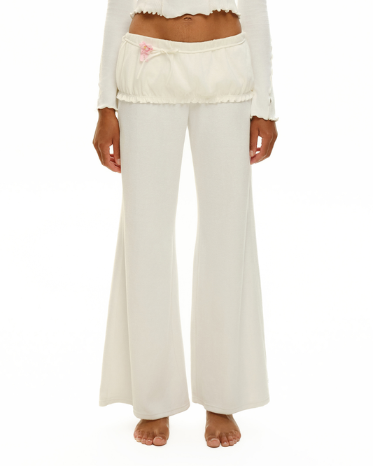 White wide-leg pants with elastic ruched waistband and center drawstring