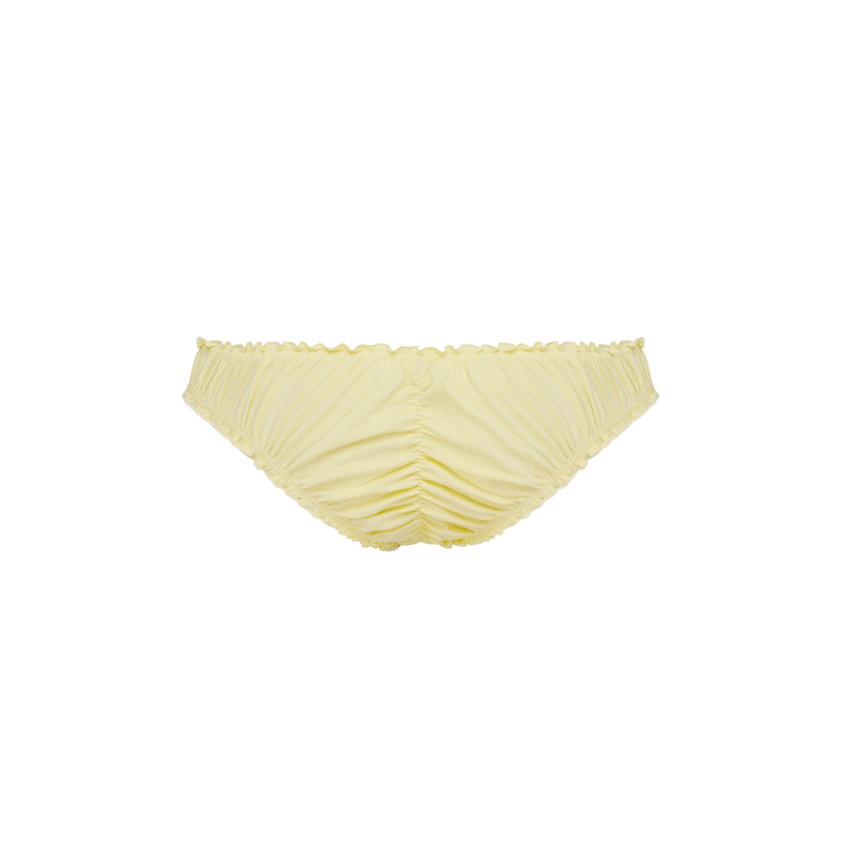 Yellow tanga underwear with gathered seams and ruffled waistband