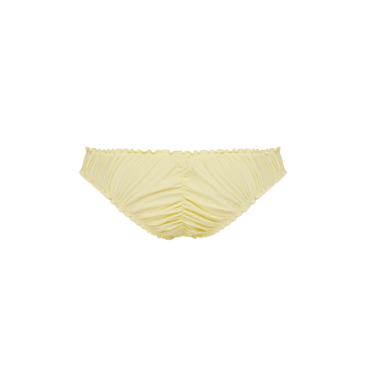 Yellow tanga underwear with gathered seams and ruffled waistband