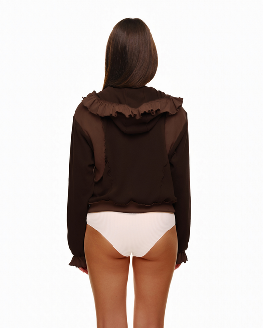Brown back of zip-up hoodie with ruffled yoke and hood, long sleeves