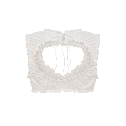 White rosette ruffle top with off-shoulder neckline and ties