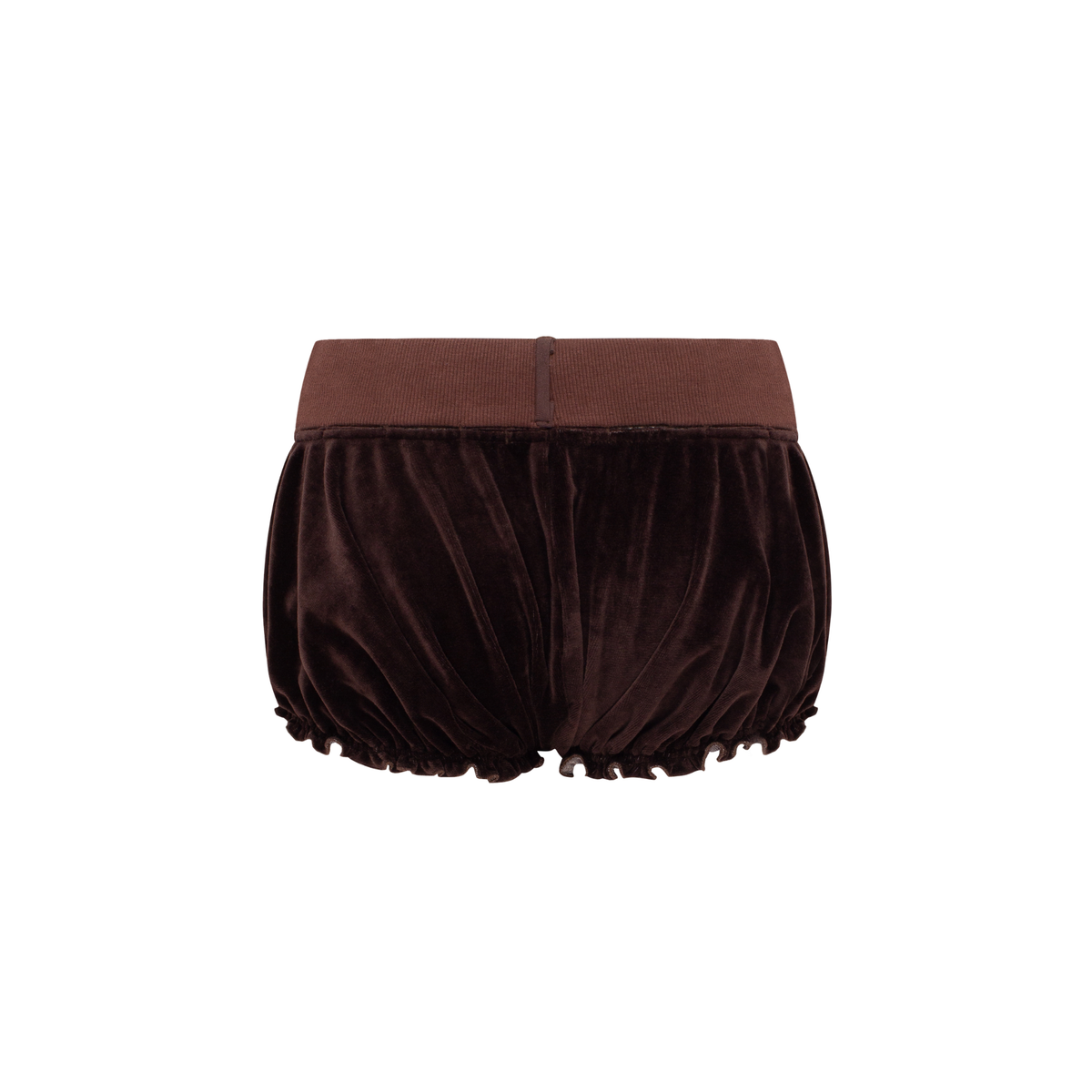 Dark velvet shorts with elastic waistband and gathered ruffle hem