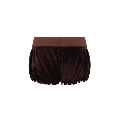 Dark velvet shorts with elastic waistband and gathered ruffle hem