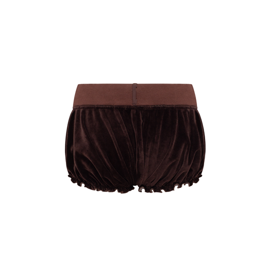Dark velvet shorts with elastic waistband and gathered ruffle hem