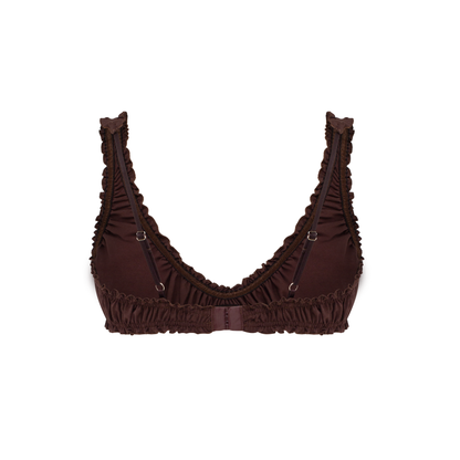 Brown ruched bralette top with ruffled neckline and adjustable straps