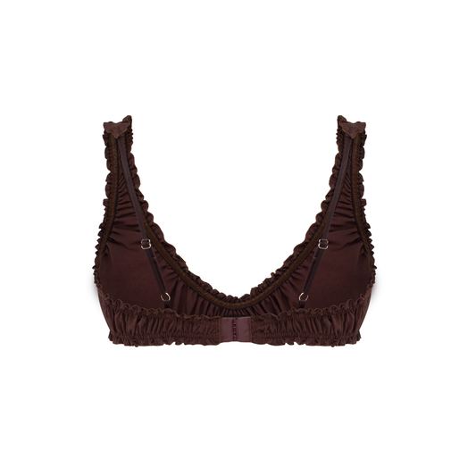 Brown ruched bralette top with ruffled neckline and adjustable straps