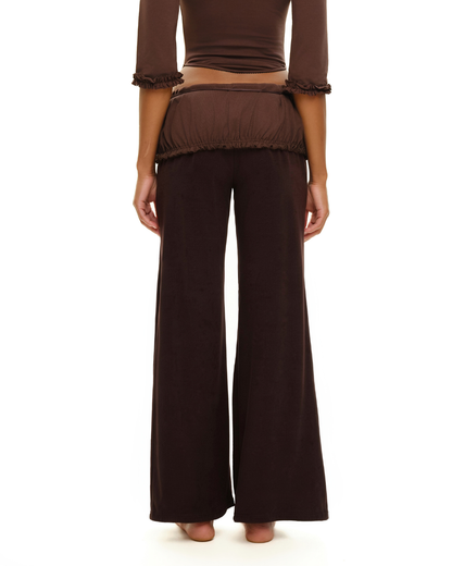Dark brown wide-leg pants with gathered elastic waistband, back view