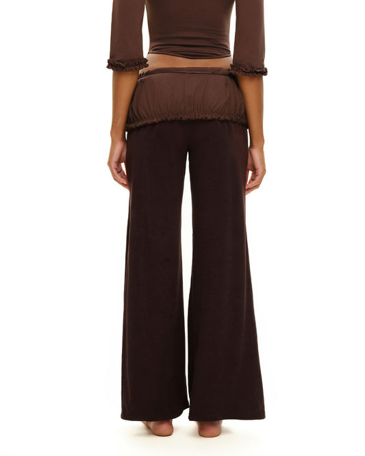 Dark brown wide-leg pants with gathered elastic waistband, back view