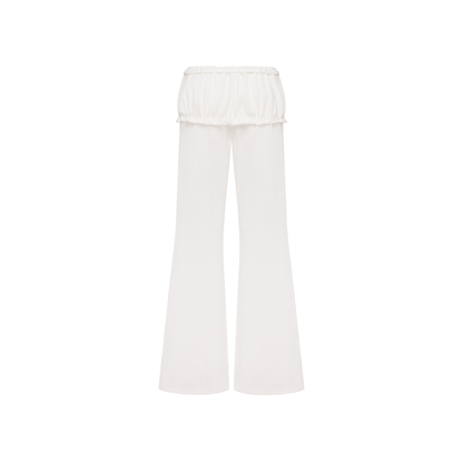White flare-leg pants with elastic waistband