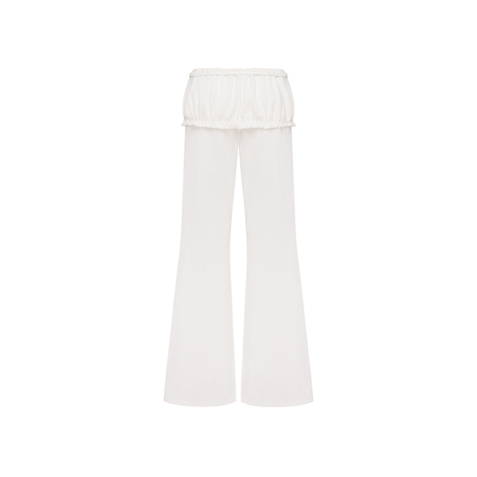 White flare-leg pants with elastic waistband