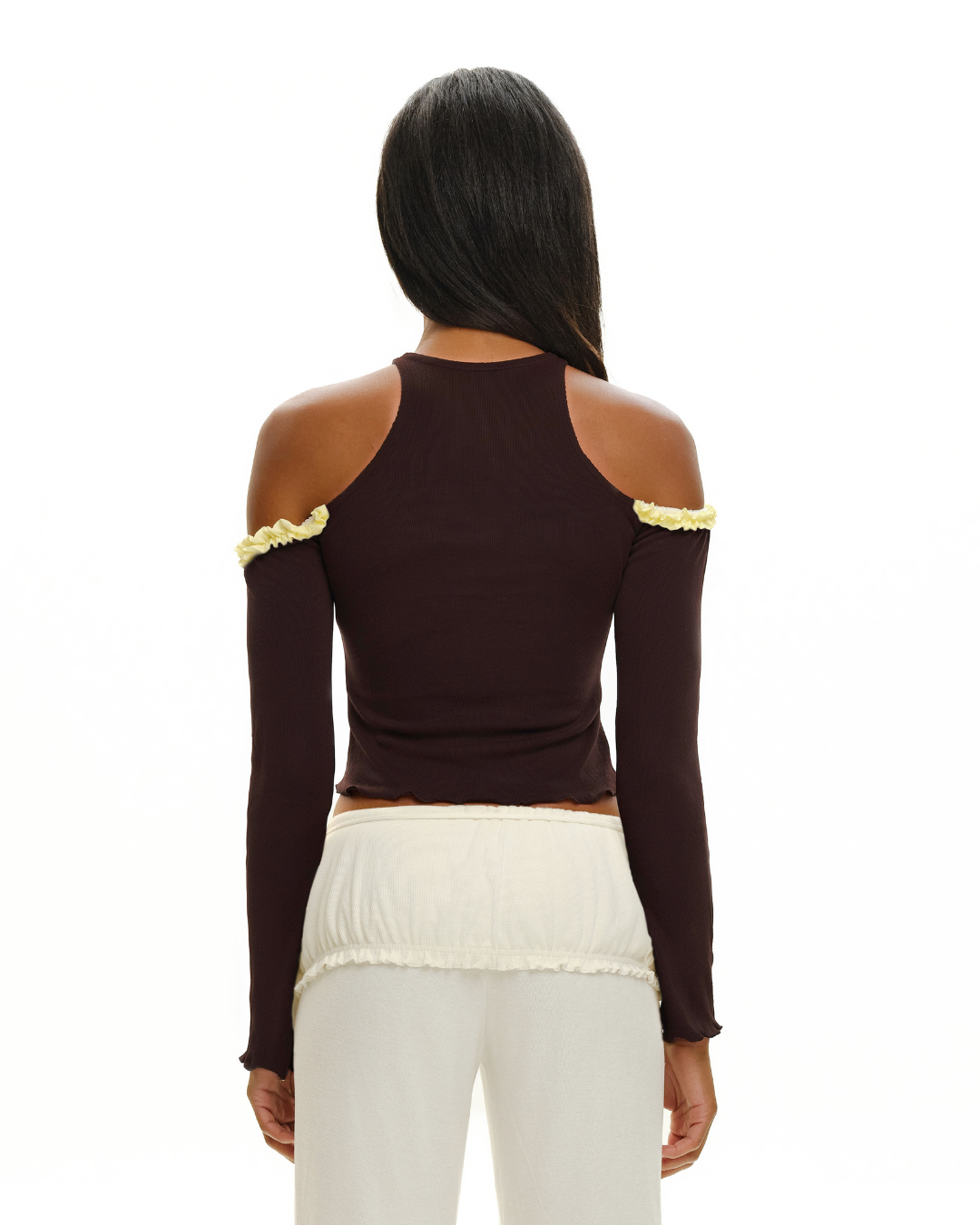 Brown long-sleeve off-shoulder top with yellow-trim cuffs and cutout back