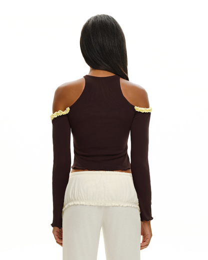 Brown long-sleeve off-shoulder top with yellow-trim cuffs and cutout back