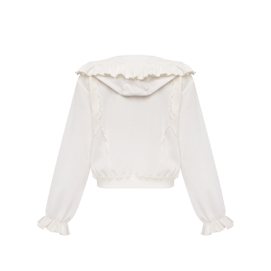 White hoodie, back view with ruffled hood trim and sleeve cuffs