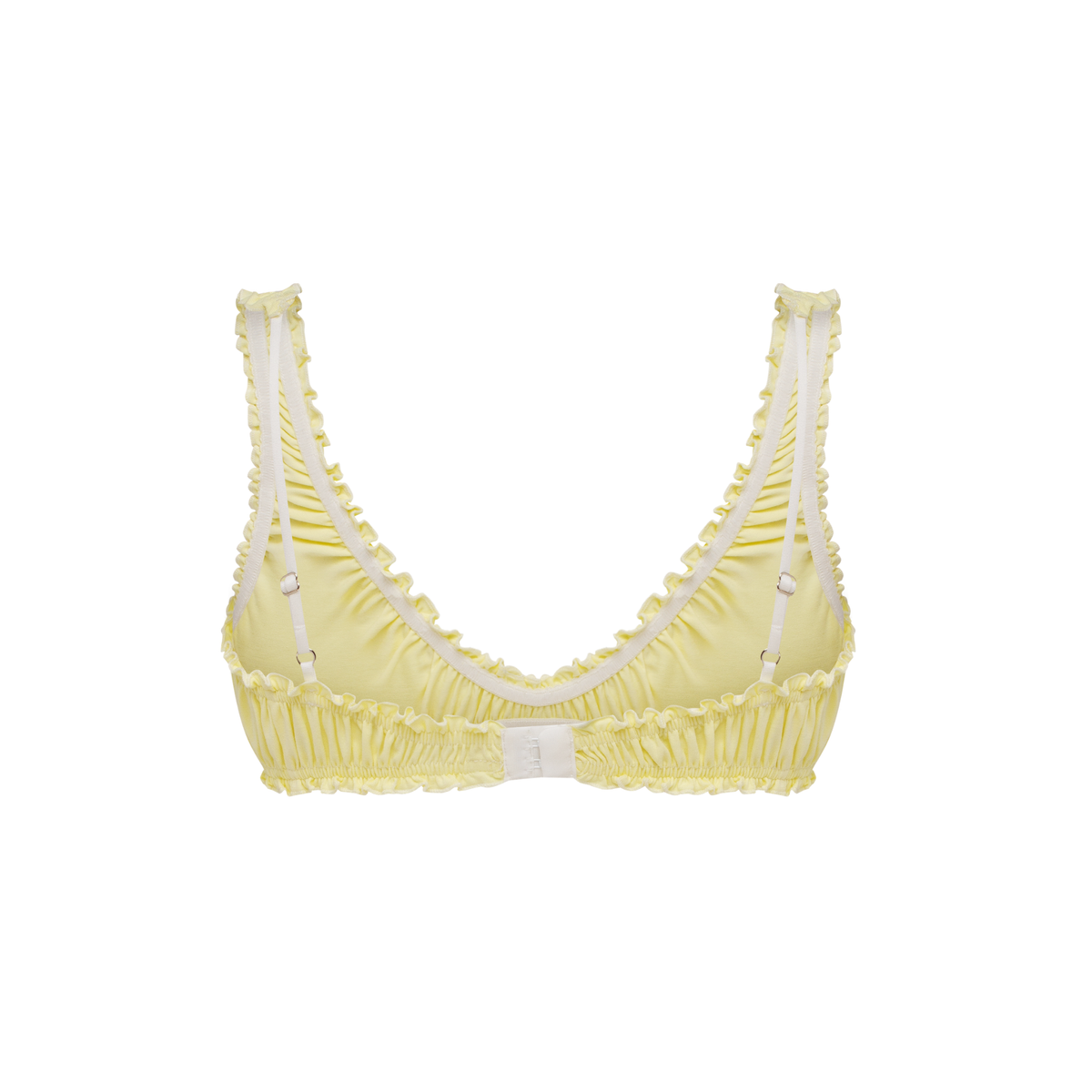 Yellow ruched bralette top with thin adjustable straps and ruched underband