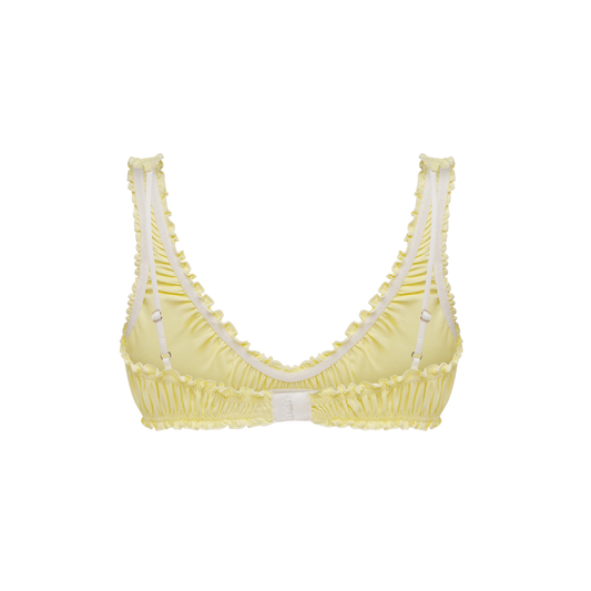Yellow ruched bralette top with thin adjustable straps and ruched underband
