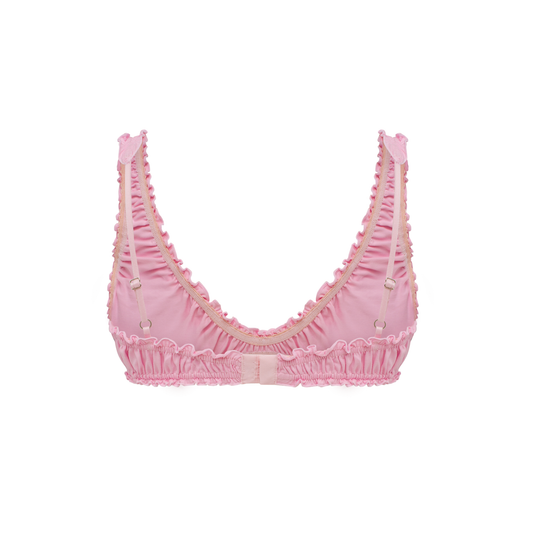 Pink ruched bralette top with adjustable shoulder straps and elastic neckline