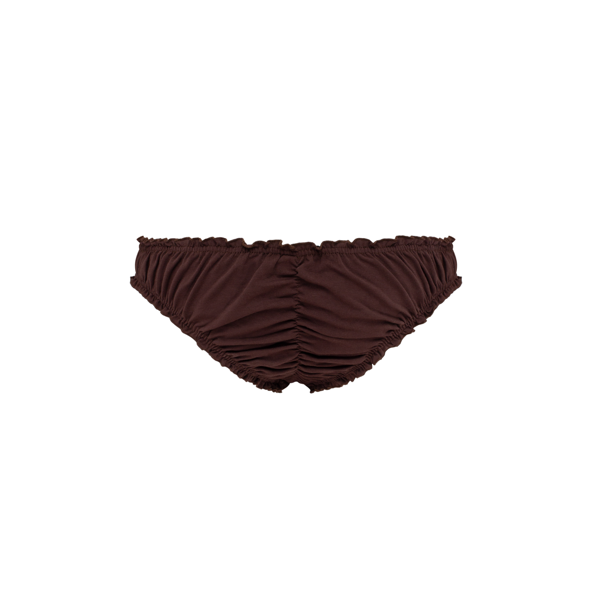 Brown tanga underwear with center seam, gathered waistband, and scalloped edges