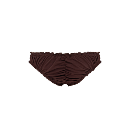 Brown tanga underwear with center seam, gathered waistband, and scalloped edges