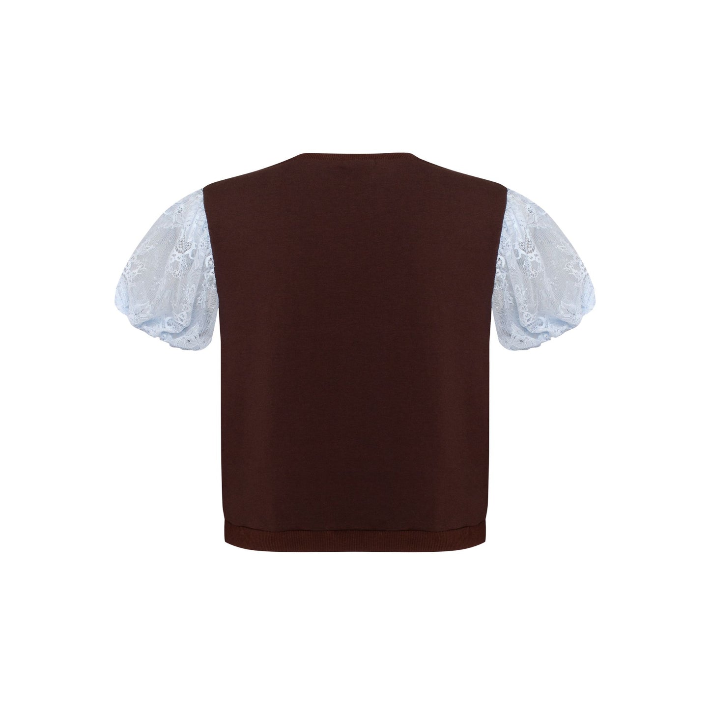 Brown back T-shirt with light blue lace puff sleeves and brown hem trim