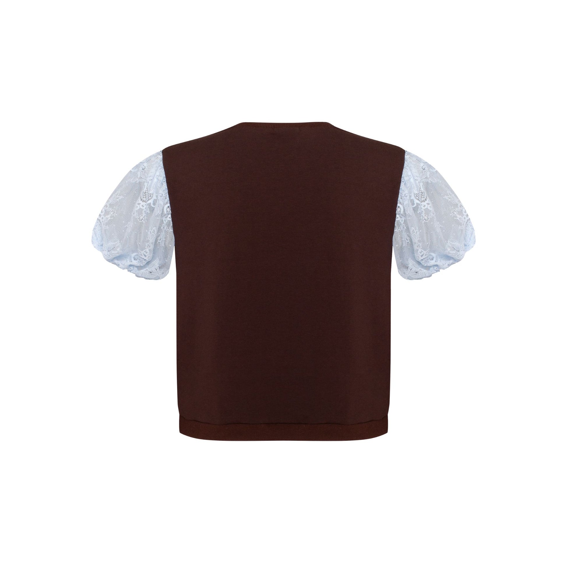 Brown back T-shirt with light blue lace puff sleeves and brown hem trim