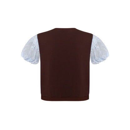 Brown back T-shirt with light blue lace puff sleeves and brown hem trim