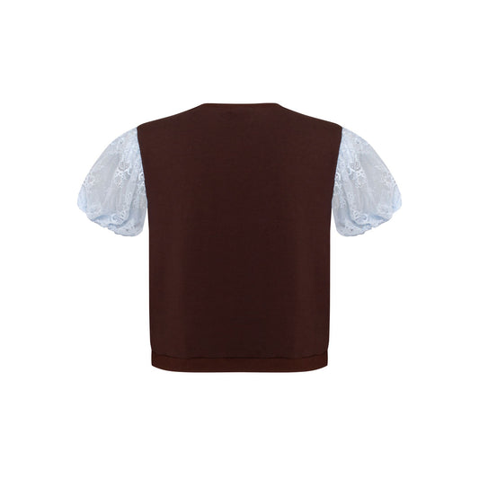 T-Shirt with Decorative Cutout in Brown with Blue