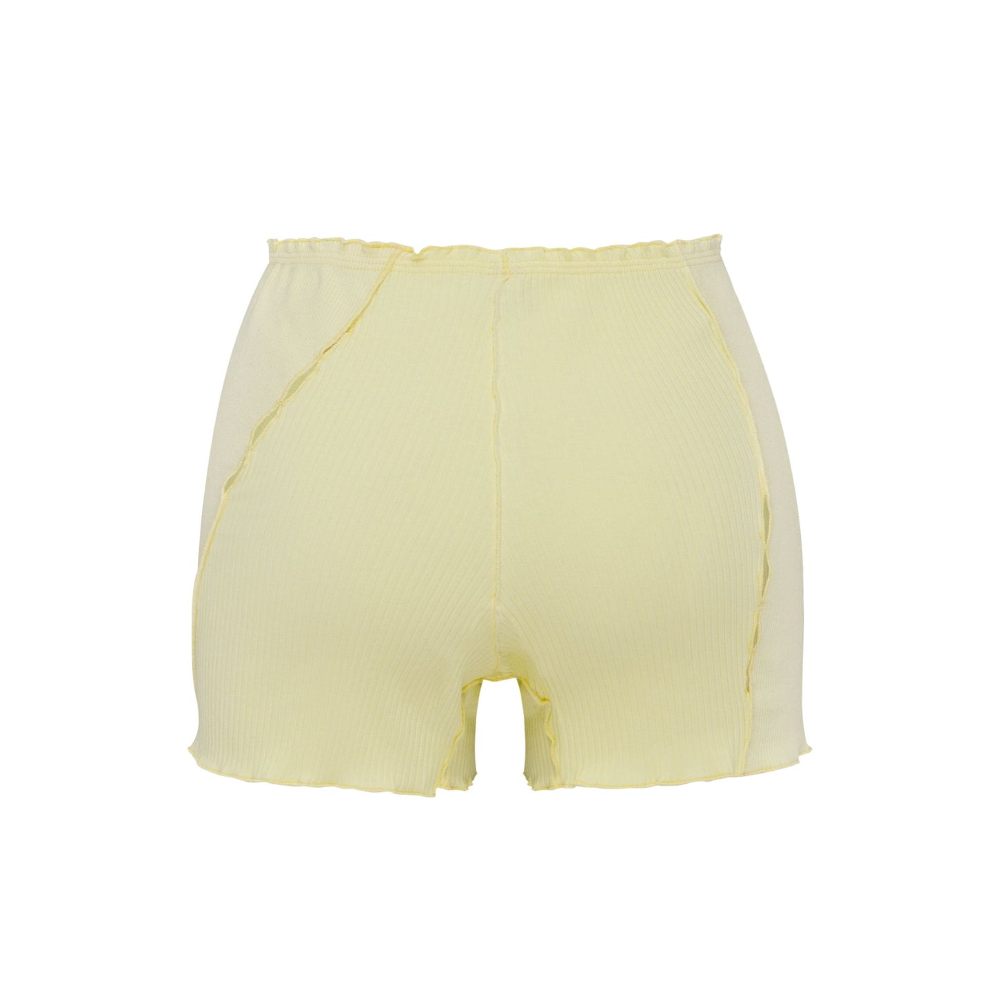 Light yellow shorts with elastic waistband and center seam, raw hem