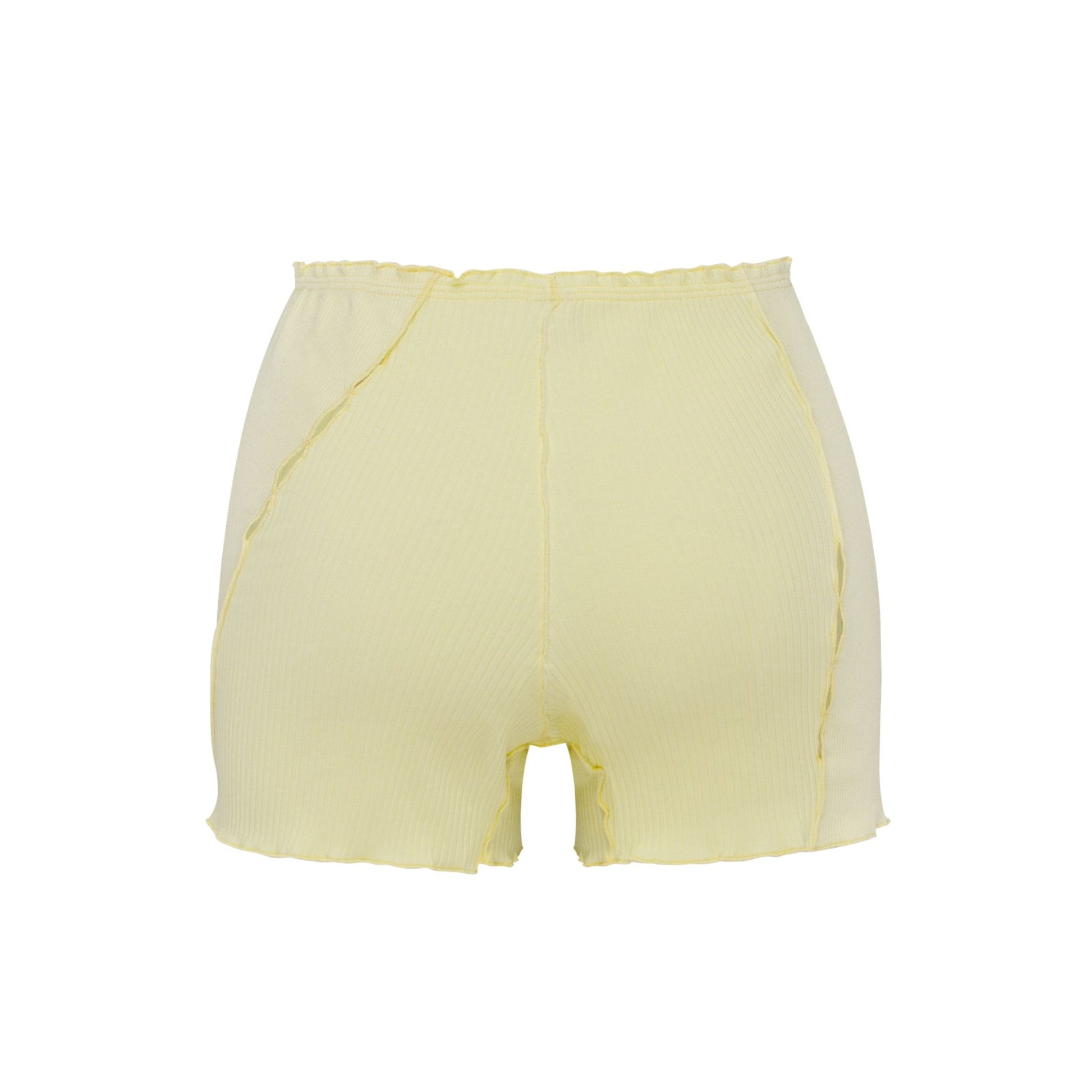 Light yellow shorts with elastic waistband and center seam, raw hem