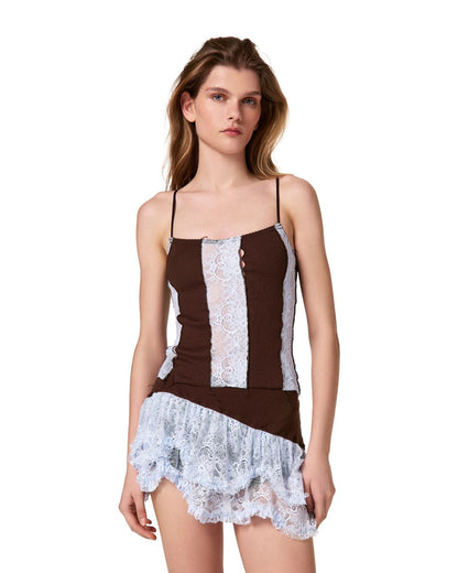 Tank Top in Brown with Blue Lace