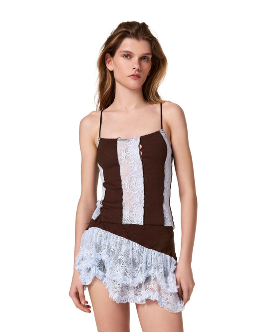 Tank Top in Brown with Blue Lace