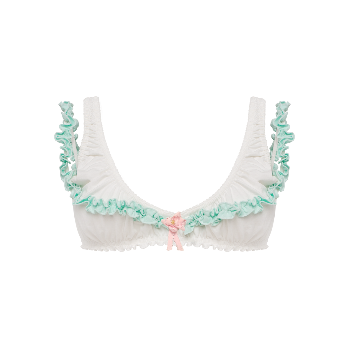 White bra with mint ruffle trim and center bow detail