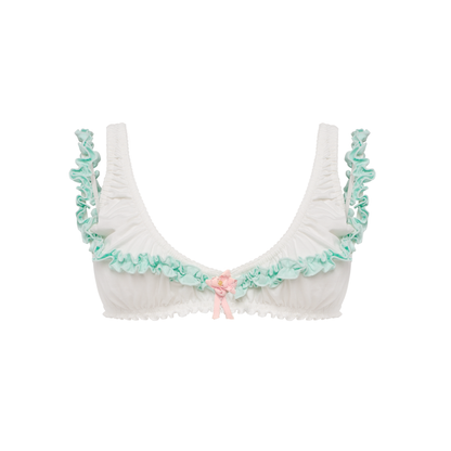 White bra with mint ruffle trim and center bow detail