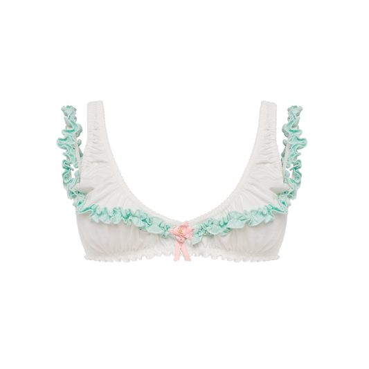 White bra with mint ruffle trim and center bow detail