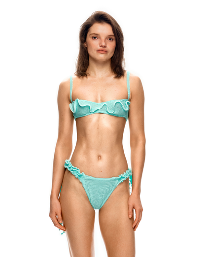 Mint wave ruffle bikini top with thin straps and scalloped underband