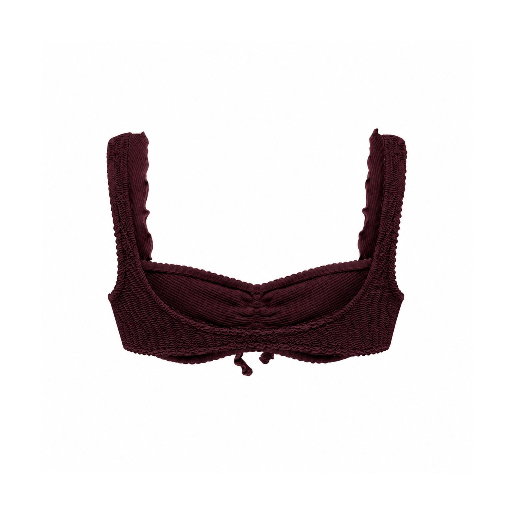 Bikini top with ruffle trim, dark brown, wide underband.