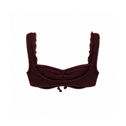Bikini top with ruffle trim, dark brown, wide underband.